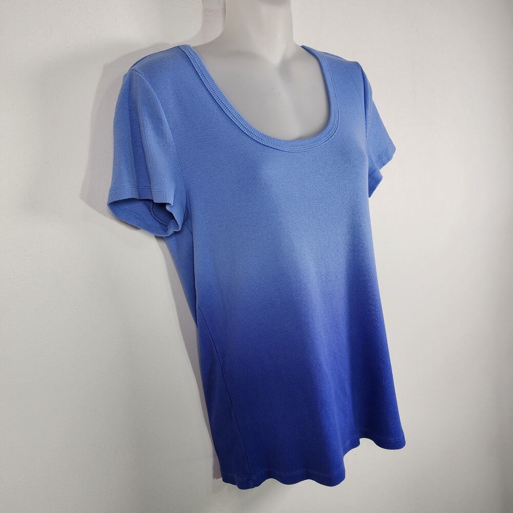 Talbots Womens Ribbed Scoop Neck Tee Dip Dye Ombre Blue Size Large Short Sleeve - Picture 4 of 7
